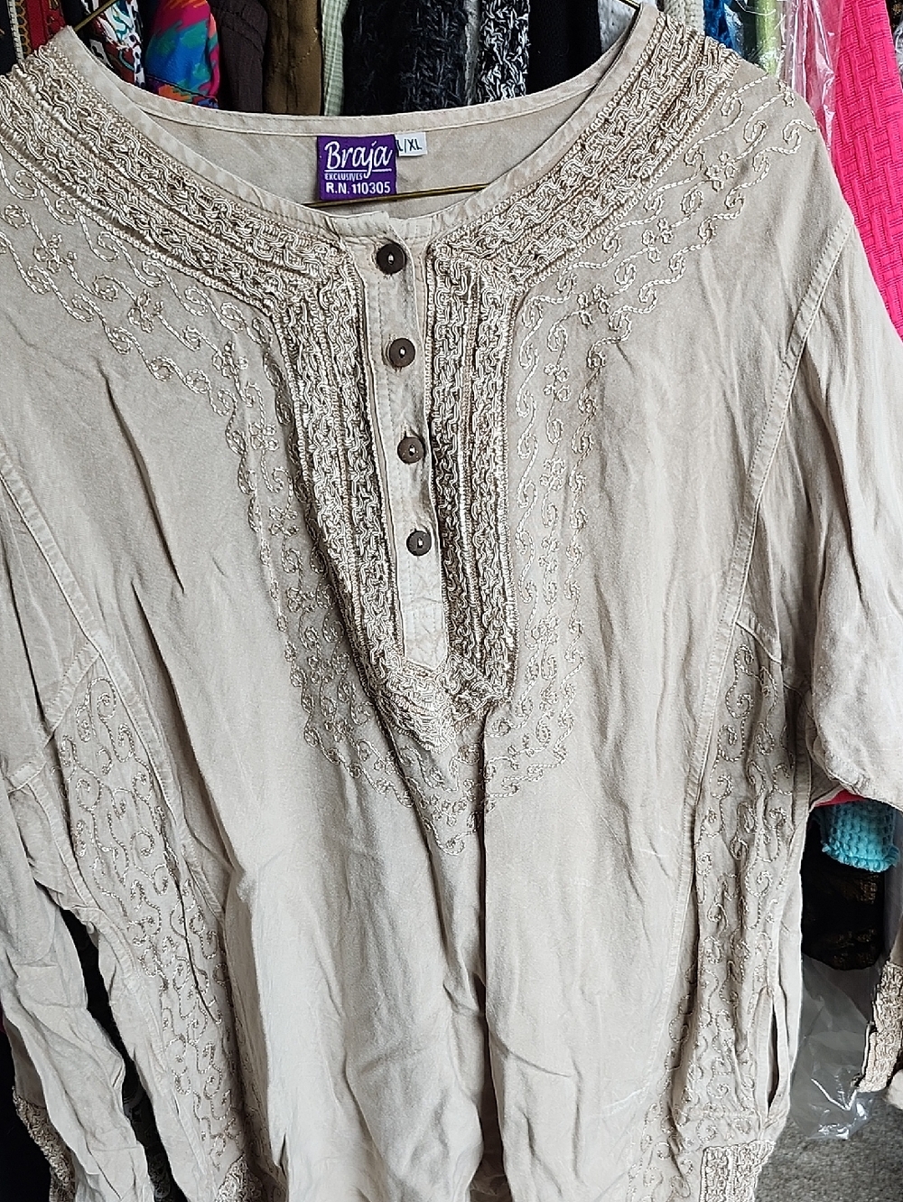 Braja Beige Embroidered Henley Tunic Top